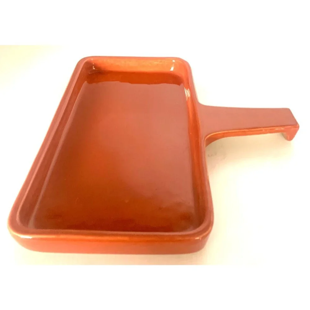 Vintage Coral Ceramic Rectangular Cornbread Tray Platter  w/Handle Made USA MCM